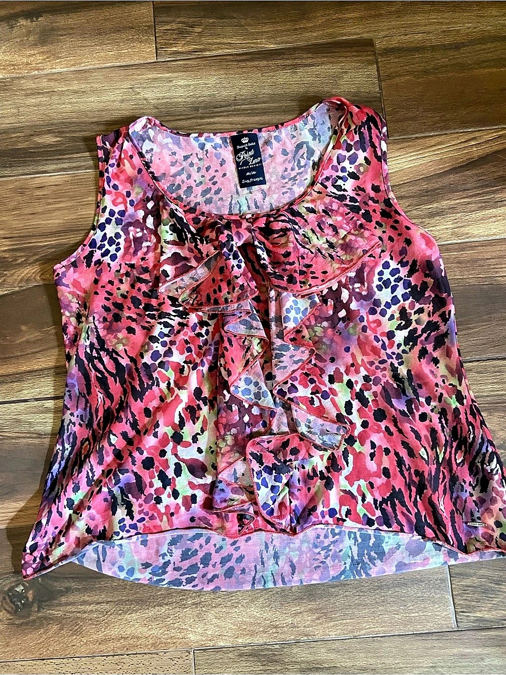 Point Zero Animal Print Ruffle Blouse in Pink & Purple Size M/M